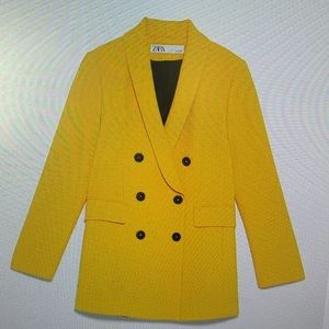 Zara yellow mustard double breasted buttoned jacket suit blazer size XS